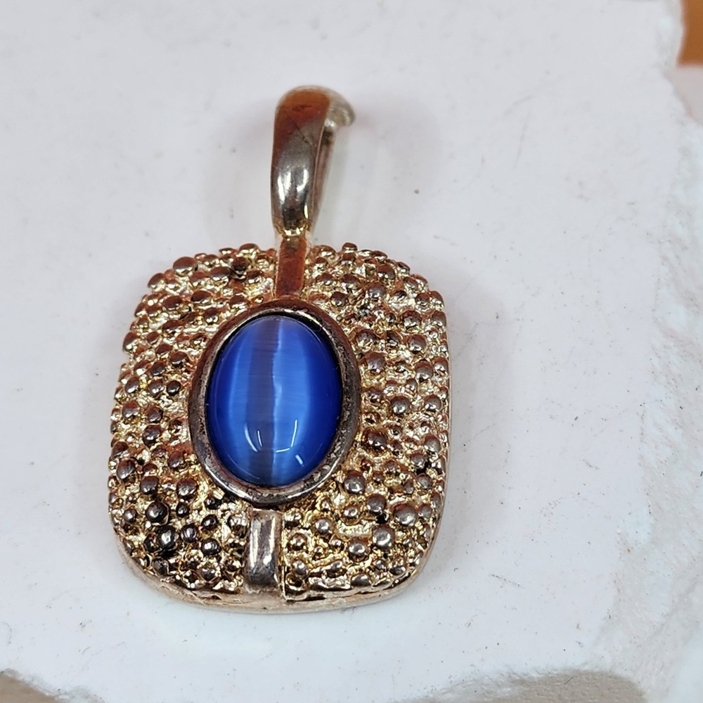 Gold Tone Blue Cat Eye Cabochon Textured Large Square Pendant Statement Vintage